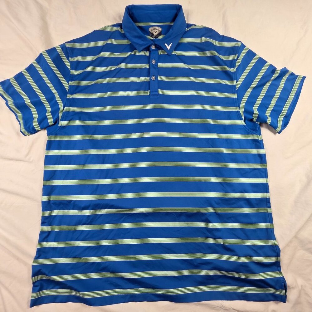 Callaway Mens Polo Shirt 2X Blue Green Striped Short Sleeve Golf Performance